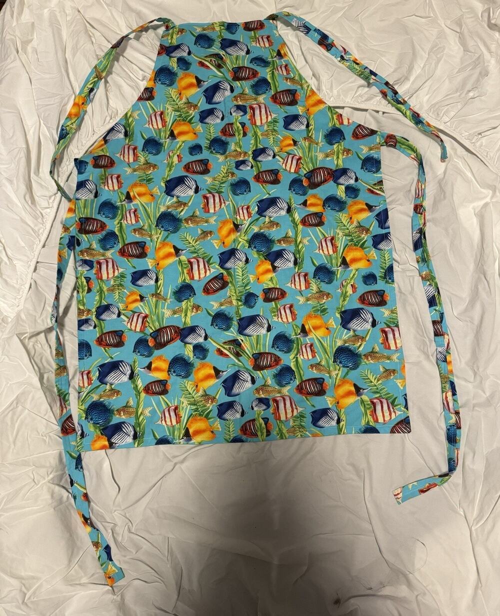 Reversible Colorful Fish , Green Design Print Tie Apron